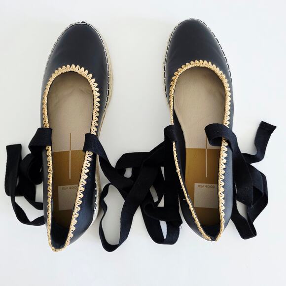 Dolce Vita Morgan Black & Jute Tan Leather Espadrille Wedge Ballet Sandals 9.5 - Picture 5 of 11